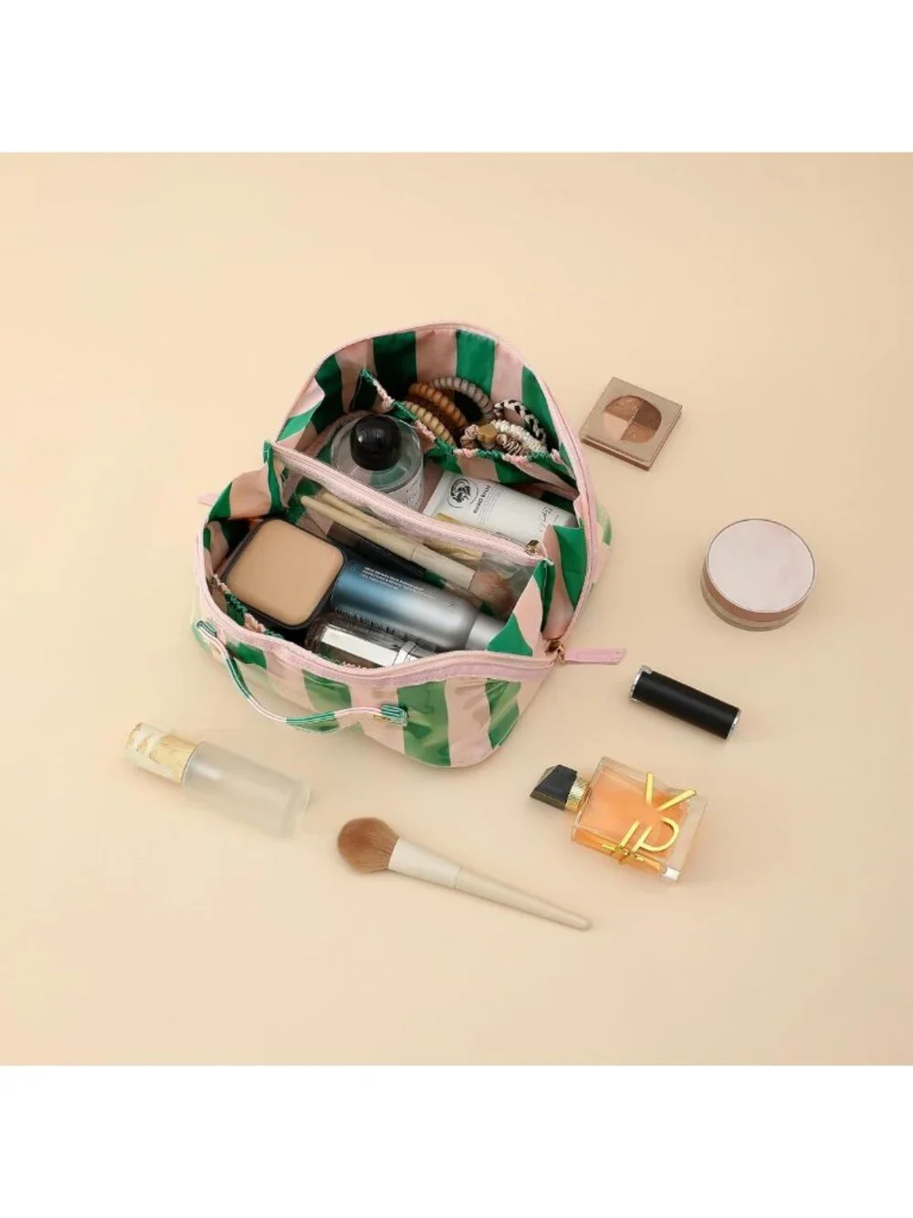 Travel Makeup Bag - Pink & Green Striped, Waterproof, Portable Organizer for